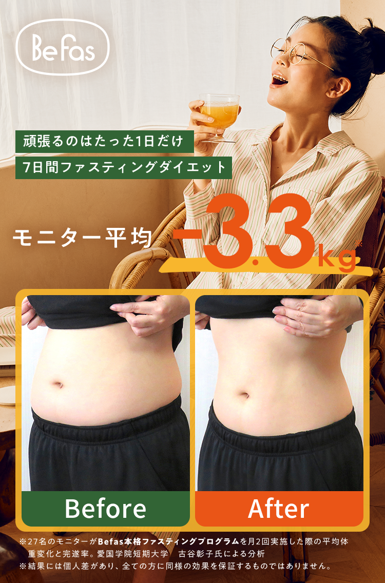 頑張るのはたった1日だけ 7日間ファスティングダイエット モニター平均-3.3kg